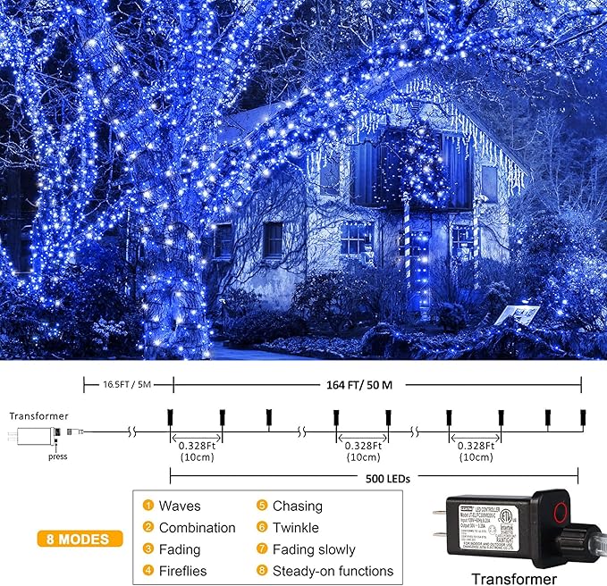 kemooie 500 LED Blue and White Christmas Lights, 164 FT 8 Twinkle Modes Plug in Waterproof Extra Long Fairy Lights for Outdoor Christmas Party Garden Decorations (Blue & White)