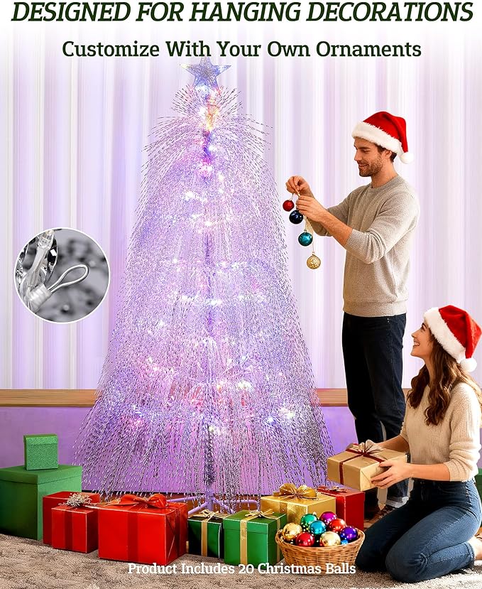 6.5ft Pre-Lit Artificial Christmas Tree, Christmas Tree with 180 LED Lights, 8 Lighting Modes, 2800 Tinsel Branches, Perfect for Indoor, Home, Party, Office, Apartment Decoration (Silver)