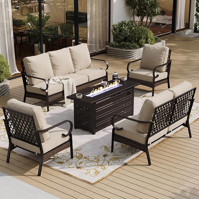 5 Piece Metal Outdoor Patio Furniture Sets with Firepit Table, Patio Conversation Sets 1 3-Seater Sofa, 1 2-Seater Loveseat, 2 Single Sofa with 5.75" Cushion for Backyard Deck, Beige