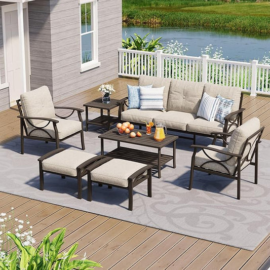 7-Piece Outdoor Patio Furniture Set, Outdoor Metal Sectional Furniture with Cushions, Outdoor Conversation Seating Set with Side Table for Backyard, Garden, Balcony, Deck, Khaki