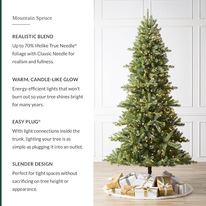 Balsam Hill Mountain Spruce - Realistic Narrow Artificial Christmas Tree with True Needle Foliage Available Unlit or with Warm LED Clear Lights, LED Clear, 7.5'