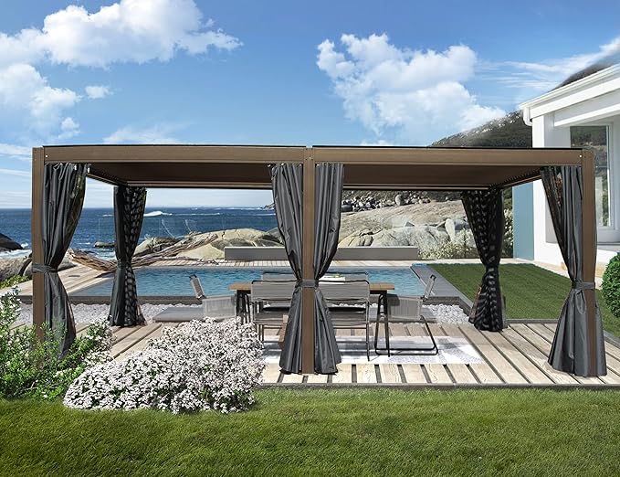 Domi 12x20FT Louvered Pergola, Full Aluminum Pergola with Adjustable Louvered Roof, Outdoor Pergola with Waterproof Curtains and Netting, Dark Brown