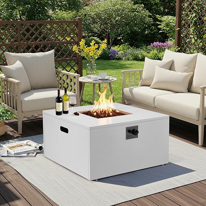 ECOTOUGE 32 Square Propane Fire Pit Table, 50,000 BTU Outdoor Gas Fire Pit with Lid, Steel Fireplace w/Weather-Resistant Pit Cover, Lava Rocks for Patio, CSA Certified, White
