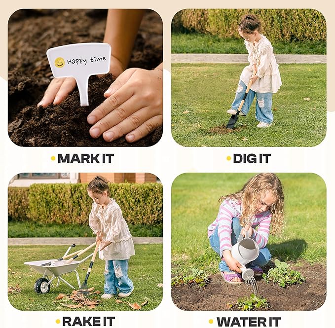 ROBOTIME Kids Wheelbarrow with Gardening Set – Metal Wheelbarrow Toddler Outdoor Play Toy with Garden Tools, Watering Can & Plant Labels, Pretend Play Yard Equipment for Boys and Girls (Gray)
