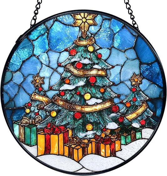 TNUW Christmas Tree Stained Glass Window Hanging, Winter Tree Xmas Sun Catchers Indoor Window Glass Round Wall Art Decor, Winter Christmas Wall Hanging Decorations, 7.9＂x7.9＂