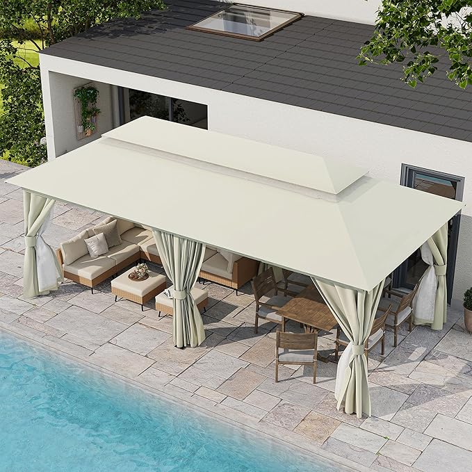 LAUSAINT HOME Semi-permanent Patio Gazebo 10'x20' with Expansion Bolts, Outdoor Heavy Duty Party Shelter with Double Roof, Mosquito Nettings and Privacy Screens for Backyard, Garden, Lawn, Cream White