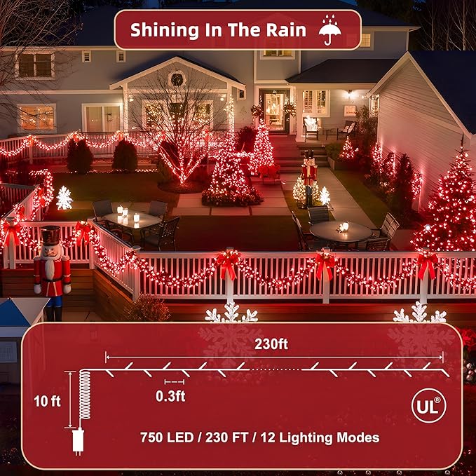 240ft Outdoor Christmas Lights, 750 LED Super Long String Lights 12 Modes & Timer Memory, Dimmable Outsite Waterproof Light Strings for Xmas Tree Garden Wedding Party Holiday Decorations Red