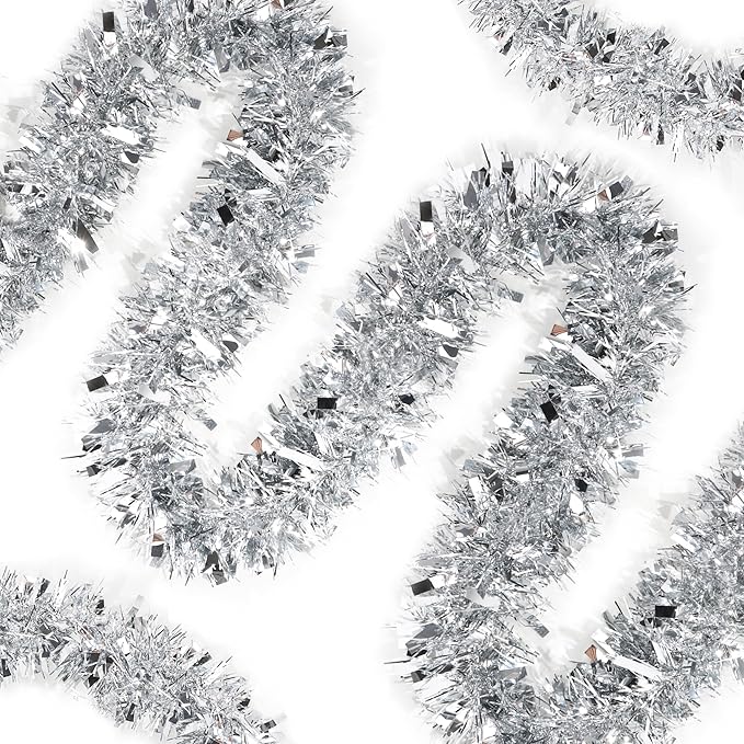 50FT Silver Christmas Tinsel Garland Metallic Twist Shiny Garland for Christmas Tree Decorations, Xmas Holiday Hanging Decor for Home Mantle Stair Indoor Outdoor Holiday Party Supplies Decor