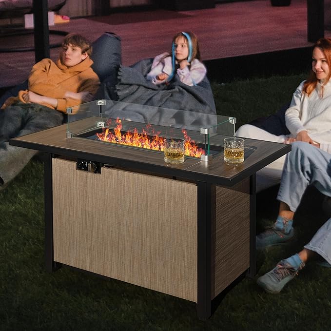 Nuu Garden 43 Inch Propane Fire Pit Table CSA Listed 50000 BTU Gas Fire Pit with Lid Glass Wind Guard and Fire Glass Beads 2 in 1 Rectangular Outdoor Fire Table for Patio Backyard Light Brown