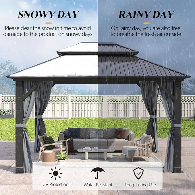 GARTOO 10'x12' Outdoor Hardtop Gazebo with Double Roof - Heavy-Duty Steel Top Aluminum Frame Gazebo with Breathable Netting & Privacy Curtain for Patio, Porch, Garden, Lawn, Deck, Backyard