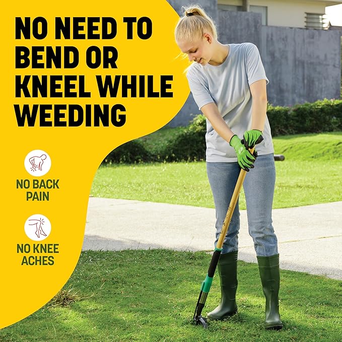 Papa's Tools Weed Puller Tool, 44 Stand Up Weeder Garden Tools & 4 Claw Steel Head, Dual Weed Eject Tech. Made with Real Bamboo & Long Wooden Handle, Yard Weeding Remover for Gardening Men & Women