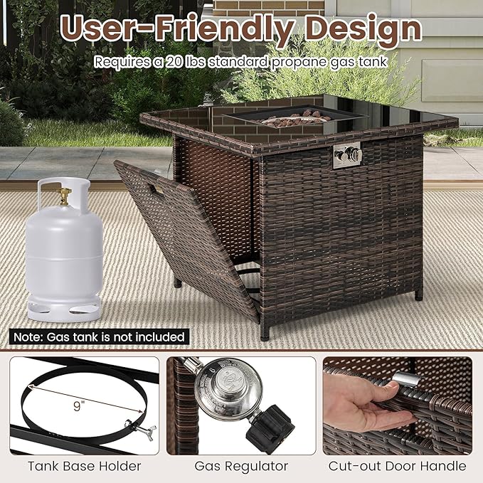 Tangkula 32.5 Inch Propane Fire Pit Table, Outdoor Rattan Gas Firepit with Tempered Glass Tabletop & Stainless Steel Burner, Square Fire Pit with Lava Rocks & Protective Cover for Outside Patio