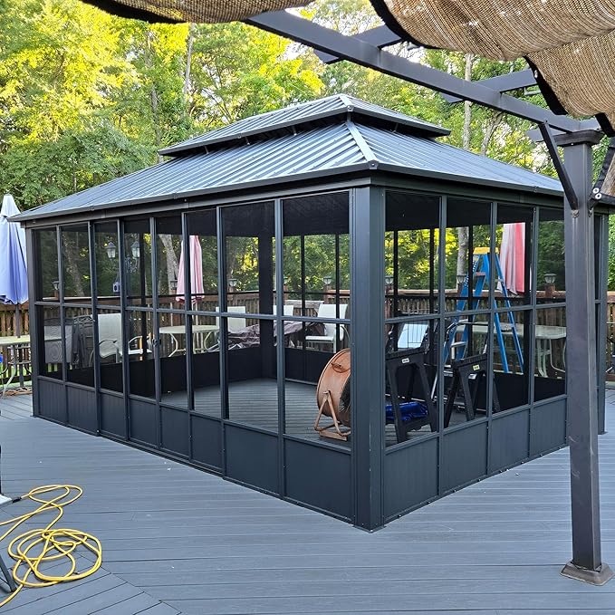 PURPLE LEAF 12' X 16' Solarium Sunroom Permanent Hardtop Gazebo Galvanized Steel Double Roof Aluminum Outdoor Screen House for Lawn Deck Backyard Grey