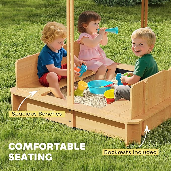 Outsunny Wooden Sandbox with Lid, Kids Sandbox with Canopy Outdoor, Sand Box with Foldable Bench Seats and Sand Protection, Bottom Liner Included, Kids Gift for Aged 3-7, 47X47 in, Brown