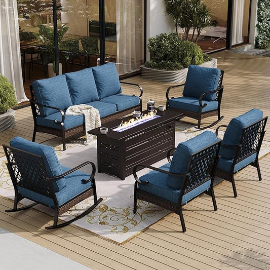 6 Piece Black Metal Outdoor Patio Furniture Sets with Firepit Table, Patio Conversation Set 1 3-Seater Sofa, 2 Leg Sofa and 2 Rocking Chair with 5.75" Cushion for Backyard Deck, Blue-2
