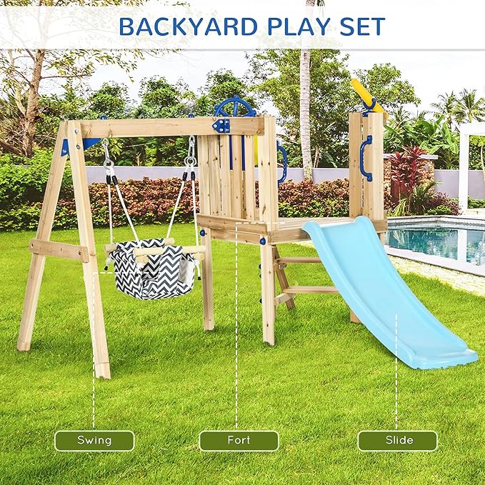 Outsunny Swing Set for Backyard, Wooden Toddler Outdoor Playset with Baby Swing Seat, Kids Slide, Fort, Playground Equipment with Captain's Wheel, Telescope for Ages 1.5-4, Natural