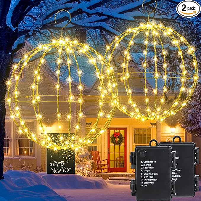 Joomer Battery Operated Ball Lights 2Pack, 13IN & 11IN 120 LED Foldable Metal Sphere Lights, Waterproof 8 Lighting Modes with Timer Function, Hanging Light for Christmas Decorations (Warm White)