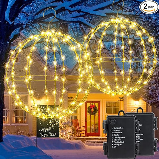 Joomer Battery Operated Ball Lights 2Pack, 13IN & 11IN 120 LED Foldable Metal Sphere Lights, Waterproof 8 Lighting Modes with Timer Function, Hanging Light for Christmas Decorations (Warm White)