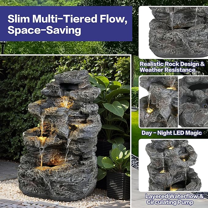 Merax 5-Tiered Concrete Tall Slim Fountain – 23.85" H LED Lit Outdoor Water Feature, Space-Saving Modern Design for Patio, Garden, Balcony, All-Weather Resistant