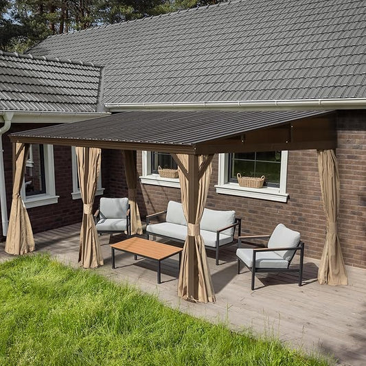 12’ x 16’ Lean to Gazebo, Outdoor Wall Mounted Gazebo Aluminum Frame, Hardtop Pergola with Galvanized Steel Sloping Roof for Patio Deck Garden Backyard, Curtain and Netting Included