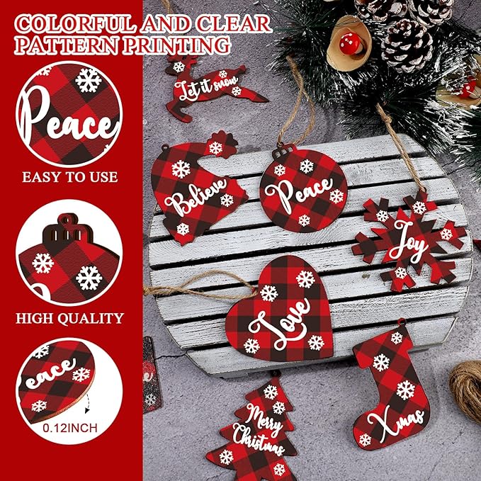 36 Pieces Christmas Buffalo Plaid Ornaments Christmas Tree Wooden Hanging Decor Black and Red Wooden Christmas Ornaments Reindeer Snowman Plaid Christmas Tree Decorations(Multiple Style)