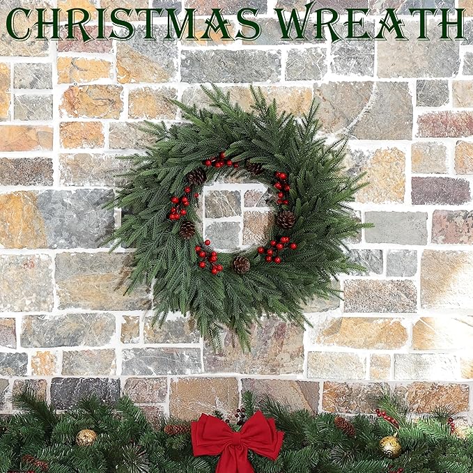 Christmas Wreaths for Front Door - 24" Artificial Christmas Wreath - Real Touch Norfolk Pine Wreath for Door,Wall,Windows,Indoor Outdoor -Christmas Decorations -Holiday Decor -Free Battery LED Lights