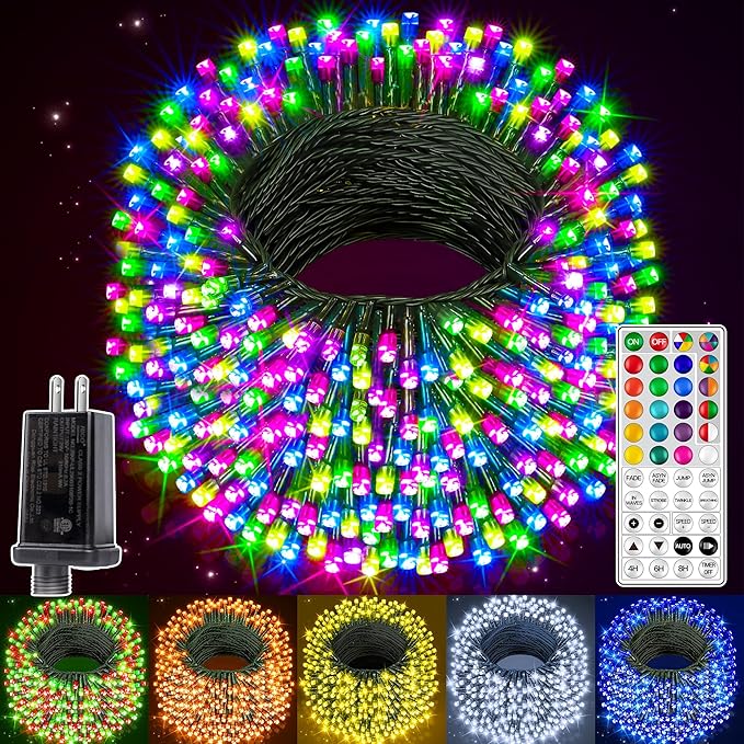 Ollny RGB Christmas Lights 600 LEDs 197 FT, 130 Modes Color Changing Christmas Tree Lights with Remote, Timer & Waterproof, Outdoor Christmas String Lights for Year-Round House Decorations