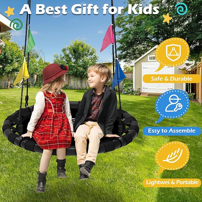 Saucer Swing, 40 Inch Swing Sets for Backyard and Outdoor Playground, 900lbs Weight Capacity, with 360 Degree Swivel, Gifts for Kids, Black