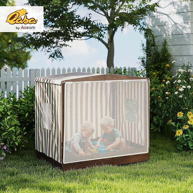 Qaba Kids Wooden Sandbox with Canopy, Large Wood Sand Pit with Mesh Door, 2 Bench Seats, Bottom Liner, Outdoor Snad Box for Backyard, Garden, Patio, Beach, Brown