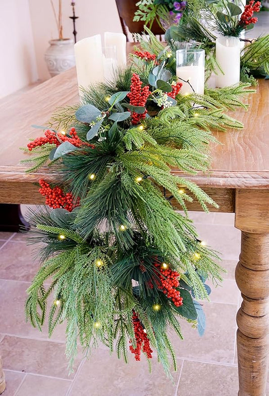Joyhalo Christmas Garland with Lights, 6FT Prelit Christmas Greenery Garland Battery Operated Lighted Christmas Garland for Mantle, Stairs Railing, Outdoor, Indoor Decoration
