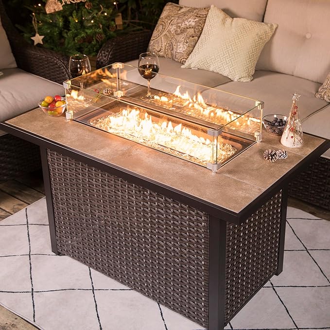 Nuu Garden 43 Propane Fire Pit Table, CSA Certified 50,000 BTU Outdoor Patio Propane Fire Pit Table with Fire Pit Wind Guard, Removable Lid, Ceramic Tabletop, Water-Proof Oxford Cover, Dark Brown