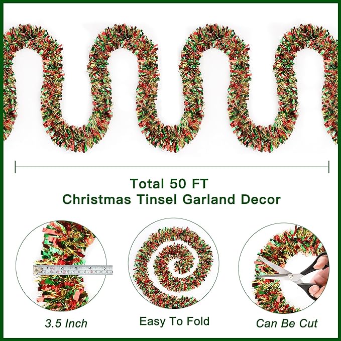 50FT Red Green Gold Christmas Tinsel Metallic Twist Shiny Garland for Christmas Tree Decorations, Xmas Holiday Hanging for Home Mantle Stair Indoor Outdoor Party Supplies Decor