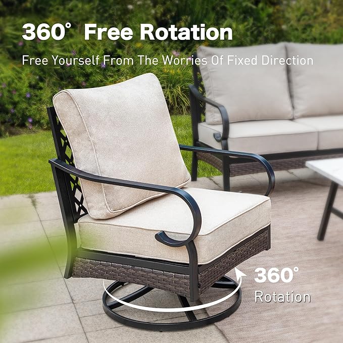 5 Piece Metal Outdoor Patio Furniture Sets with Firepit Table, Patio Conversation Sets 1 3-Seater Sofa, 1 2-Seater Loveseat, 2 Swivel Sofa with 5.75" Cushion for Backyard Deck, Beige