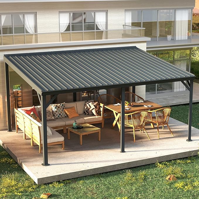 Domi 10' x 16' Lean to Gazebo, Wall Mounted Gazebos Pergola with Built in Drainage System, Galvanized Steel Roof, Hardtop Patio Shelter for Deck, Porch, Backyard and More,Gray