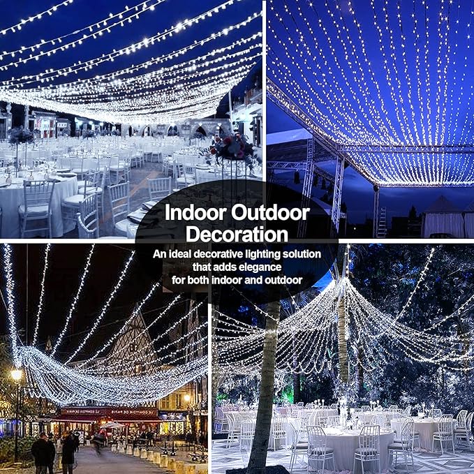 403 FT 1000 LED Christmas Lights Outdoor Fairy Lights Plug In Extra Long String Lights Clear Wire Waterproof 8 Modes Timer for Outside House Tree Garden Yard Wedding Party Decorations-Cool White