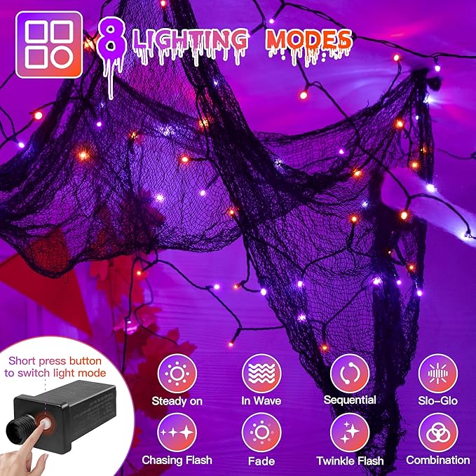 66FT 200 LED Halloween Lights, Orange + Purple Halloween Lights Outdoor with 8 Lighting Modes, Waterproof String Lights for Halloween Christmas Outdoor Party Yard Garden Decoration