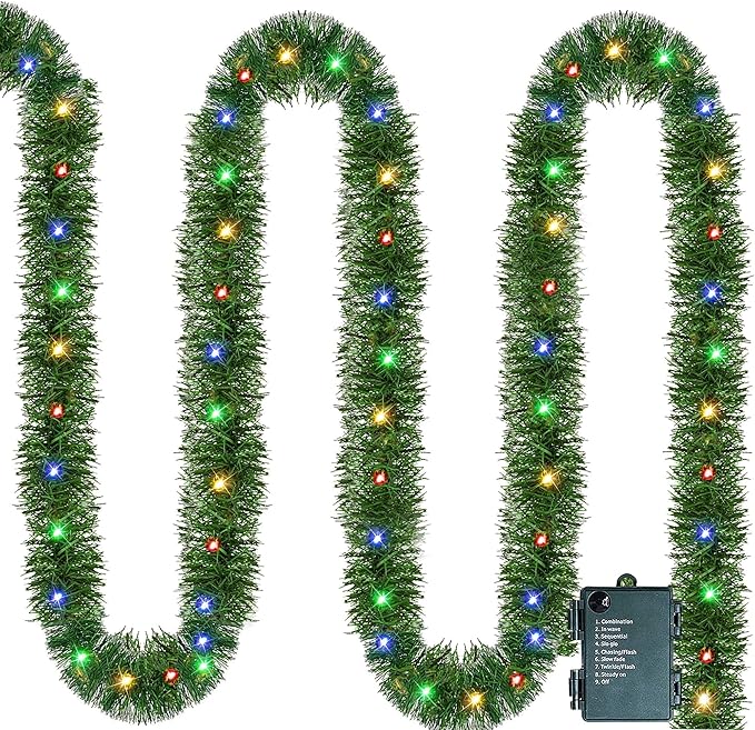Nerosun 14.8 FT Artificial Christmas Garland, 50 Pre-Lit LED Mini String Lights Battery Operated Xmas Garland for Home Stair Railing Indoor Wedding Party Christmas Ornament Decorations (Multi-Colored)