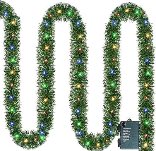 Nerosun 14.8 FT Artificial Christmas Garland, 50 Pre-Lit LED Mini String Lights Battery Operated Xmas Garland for Home Stair Railing Indoor Wedding Party Christmas Ornament Decorations (Multi-Colored)