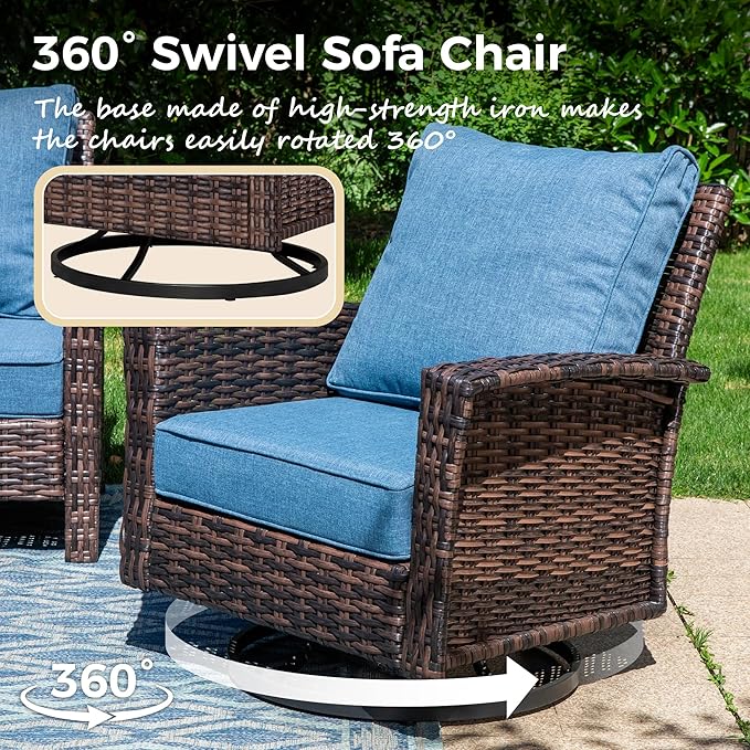 Outdoor Swivel Patio Chairs Set of 2 with Side Table, 3 Piece Wicker Highback Patio Bistro Set with Cushions for Deck Porch, Navy Blue