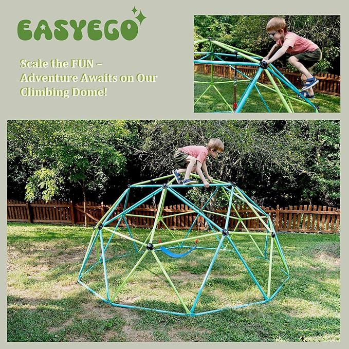 Easyego Climbing Dome, 10FT Jungle Gym with Swing for Kids 3 to 10 Outdoor Play Equipment, Supports 800lbs Toddler Play Set, Anti-Rust & Easy Assembly, Gift for Boys Girls (Blue & Yellow)