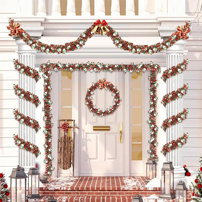 50FT Red Green Christmas Tinsel Garland with Snowman Ornaments, Metallic Xmas Christmas Tree Garland Decorations Indoor Outdoor for Home Fireplace Mantle Stair Office Classroom Party Holiday Decor