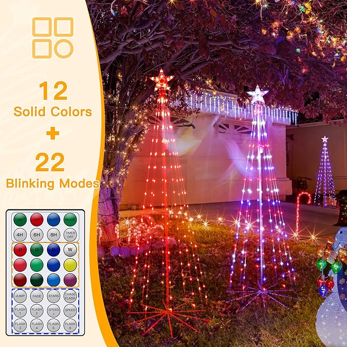 Ollny Christmas Tree Lights 5FT 140 LED, RGB 34 Modes Color Changing Outdoor String Light with Plug in Remote, Waterproof Star Lights for Xmas Outside Indoor Yard Porch Decorations