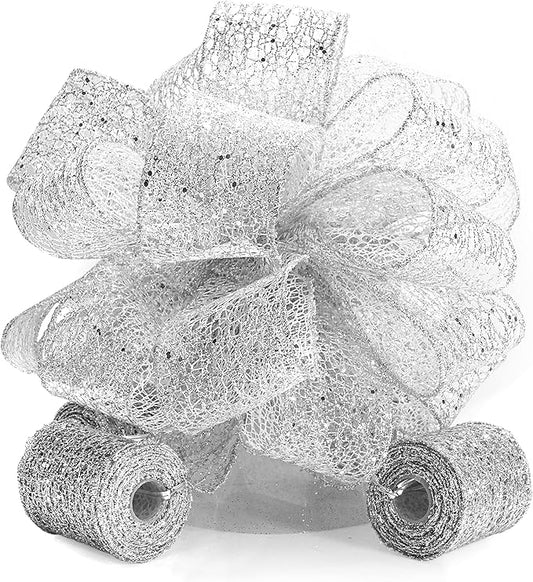 CT CRAFT LLC Silver Glitter Mesh Christmas Tree Topper Bow 11" with 4 Ribbon Streamers x 3 Yards Long Each for Holidy Elegant Fancy Home Décor Indoor