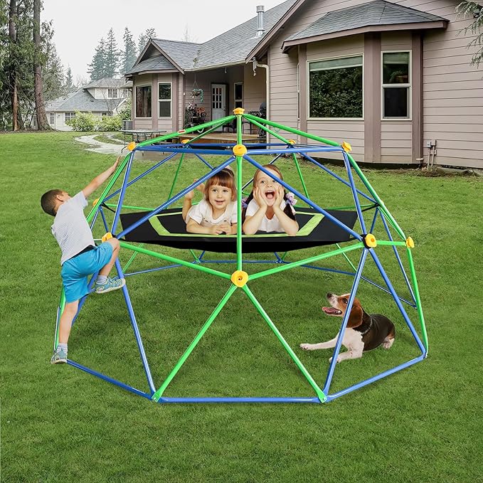 10FT Geometric Dome Climber for Kids 3-12 - Heavy Duty 1000LB Capacity Jungle Gym with Hammock & Climbing Grips, Outdoor Backyard Play Equipment, Easy Assembly