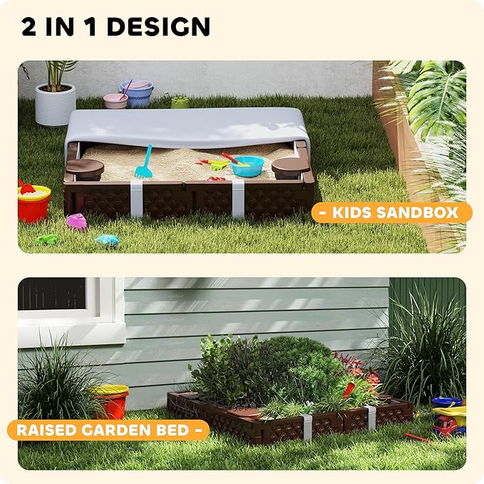 Qaba Kids Sandbox with Cover, Square 47 HDPE Large Sand Pit with 4 Seats, Waterproof Bottom Liner, Weather Resistant Outdoor Sand Box for Backyard, Lawn, Garden, Beach, Patio, Brown