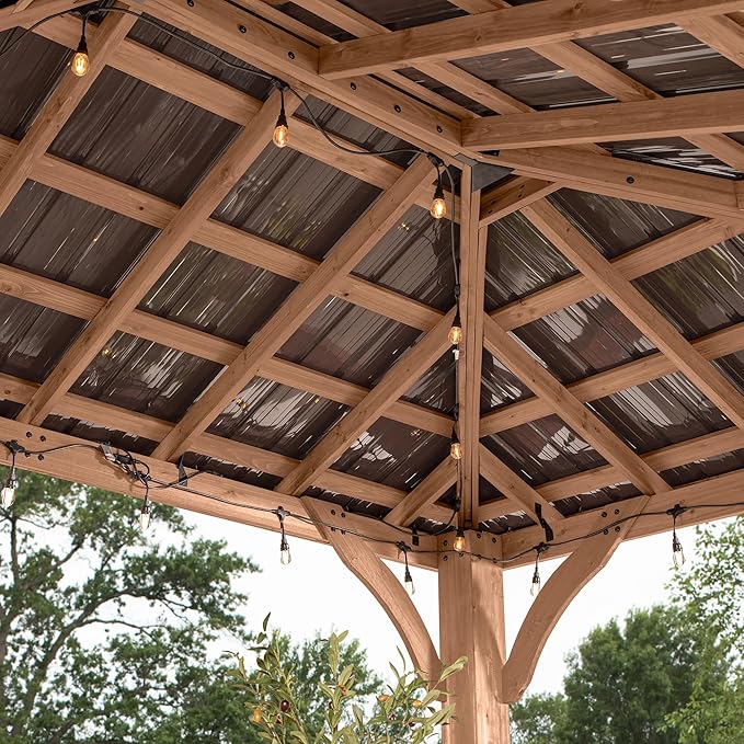 Backyard Discovery Barrington 14' x 10' Cedar Wood Outdoor Gazebo Pavilion with Hardtop Galvanized Steel Hip Roof, Snow Support, Wind Resistance, PowerPort, Shade for Garden, Patio, Deck, Entertaining