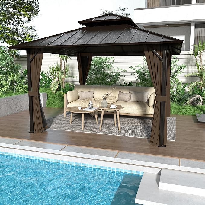 12' x 12' Hardtop Gazebo, Aluminum Frame with Double Galvanized Steel Roof, Outdoor Metal Gazebo with Netting & Curtains for Backyard, Garden, or Deck, Brown