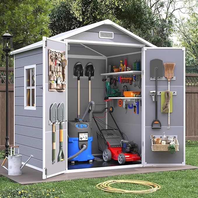 Outdoor Storage Sheds with Floor, 6x4.5 FT Resin Garden Shed with Lockable Door, Window, Waterproof, Plastic Tool Storage for Bike, Garbage Can, Grey White
