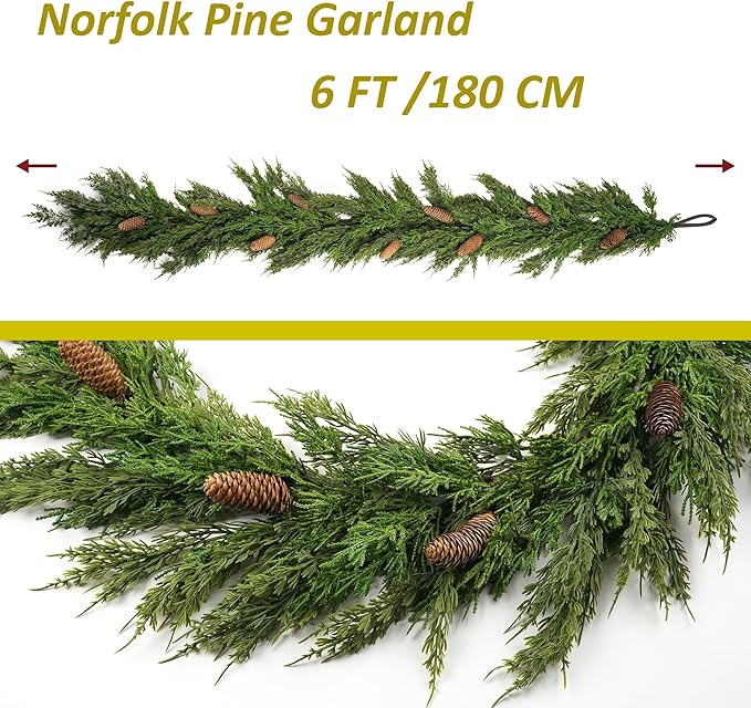 Norfolk Pine Garland 6ft Real Touch Realistic Christmas Garlands with Pinecone, Greenery Artificial Xmas Decorations Indoor Outdoor