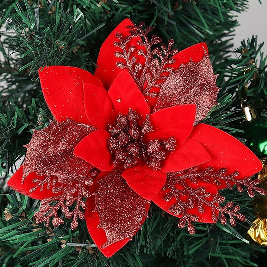 RECUTMS 10 PCS Red Glitter Poinsettia Flowers Christmas Tree Ornaments Fake Christmas Flowers Artificial Christmas Flowers Decorations Wedding Xmas Tree New Year Ornaments Wreath Decoration(Red)